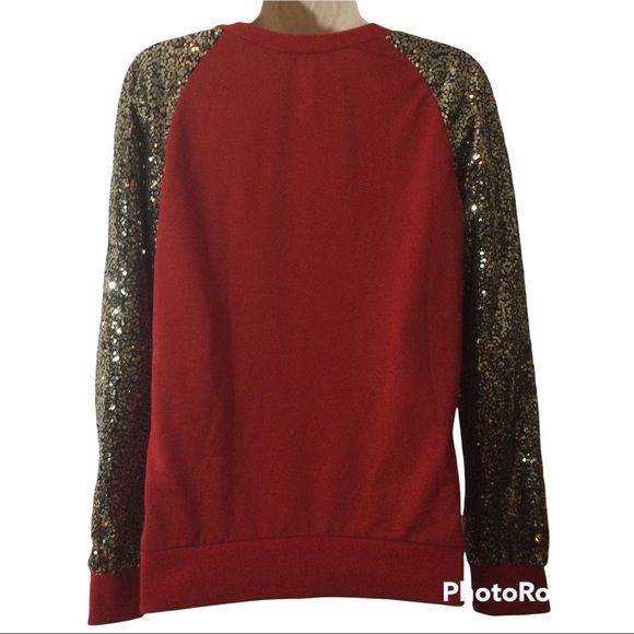 Xtaren Red Crewneck Gold Sequins on Black Sleeves Sz S XC - Picture 2 of 5